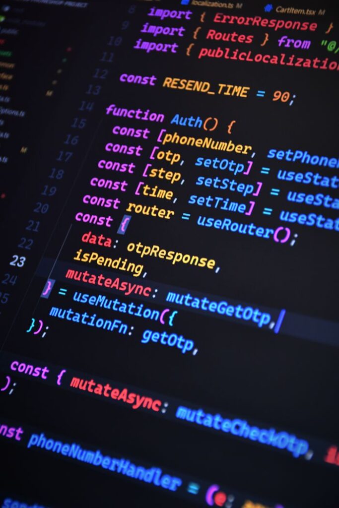 pexels photo 29445973 Close-up of vibrant JavaScript code for web development with ReactJS and Tailwind CSS.